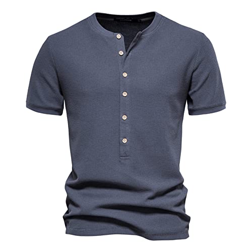 HOTIAN Herren Shirts Henley Kurzarm Shirt Sommer Herren Basic Shirts Lässige T-Shirt mit Knöpfen Waffelstrick Causal Shirt Grey M von HOTIAN