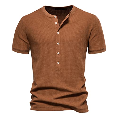 HOTIAN Herren Shirts Henley Kurzarm Shirt Sommer Herren Basic Shirts Lässige T-Shirt mit Knöpfen Waffelstrick Causal Shirt Khaki M von HOTIAN