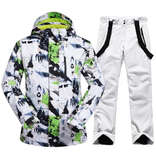 HOTIAN Herren Ski Jacke und Hosen Set Herren Schneeanzug Winter Warme Schnee Skibekleidung Sätze Wasserdicht Winddicht Snowboard Set Green+white XL von HOTIAN