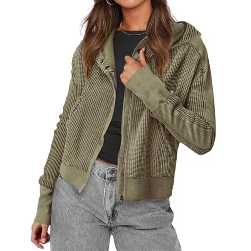 HOTIAN Jacke Damen Waffel Jacket Langarm Hoodie Übergangsjacke Reißverschluss Bomberjacke Casual Jacke Vielseitig Modisches Coat Outwear Freizeitjacke mit Reißverschluss von HOTIAN
