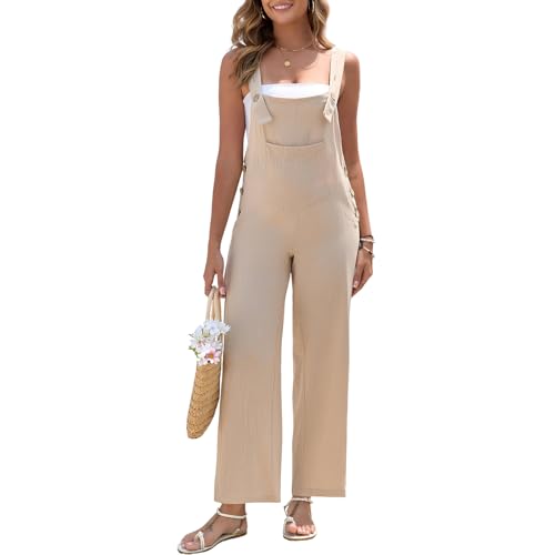 HOTIAN Latzhose Damen Leinen Sommer Elegant Jumpsuit Leinenhose Lang Casual Lose Overall mit Große Taschen Bib Pants Beige XL von HOTIAN