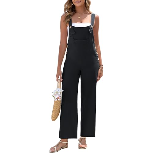 HOTIAN Latzhose Damen Leinen Sommer Elegant Jumpsuit Leinenhose Lang Casual Lose Overall mit Große Taschen Bib Pants Black L von HOTIAN