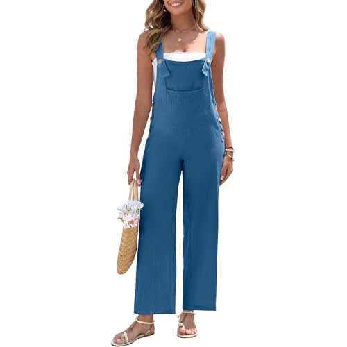 HOTIAN Latzhose Damen Leinen Sommer Elegant Jumpsuit Leinenhose Lang Casual Lose Overall mit Große Taschen Bib Pants Blue L von HOTIAN