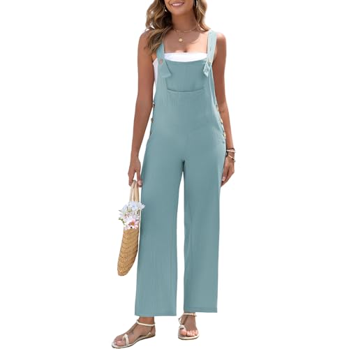 HOTIAN Latzhose Damen Leinen Sommer Elegant Jumpsuit Leinenhose Lang Casual Lose Overall mit Große Taschen Bib Pants Green XXL von HOTIAN