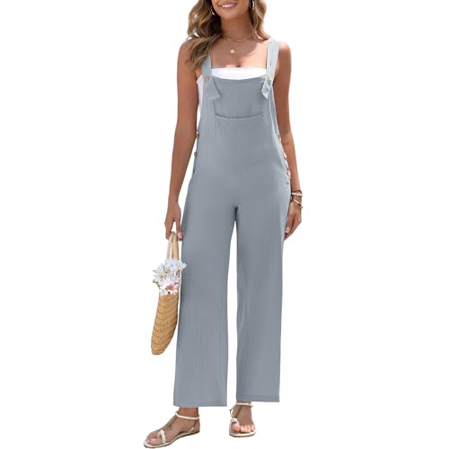 HOTIAN Latzhose Damen Leinen Sommer Elegant Jumpsuit Leinenhose Lang Casual Lose Overall mit Große Taschen Bib Pants Light Gray L von HOTIAN