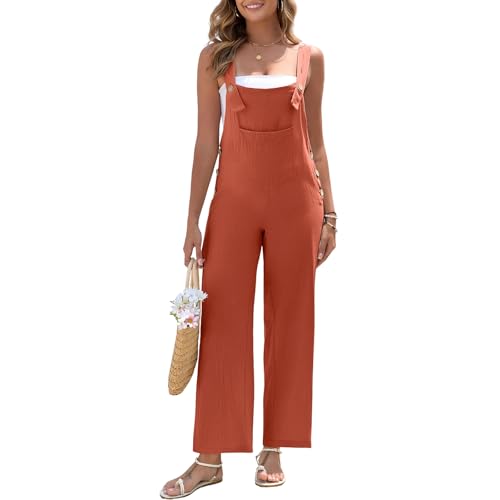 HOTIAN Latzhose Damen Leinen Sommer Elegant Jumpsuit Leinenhose Lang Casual Lose Overall mit Große Taschen Bib Pants Red L von HOTIAN