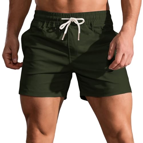 HOTIAN Shorts Herren Kurze Sommer Bermuda Shorts Baumwolle Jogginghose Elastische Taille mit Taschen Freizeitshorts Green XS von HOTIAN