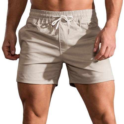 HOTIAN Shorts Herren Kurze Sommer Bermuda Shorts Baumwolle Jogginghose Elastische Taille mit Taschen Freizeitshorts Khaki L von HOTIAN