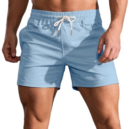 HOTIAN Shorts Herren Kurze Sommer Bermuda Shorts Baumwolle Jogginghose Elastische Taille mit Taschen Freizeitshorts Light Blue L von HOTIAN