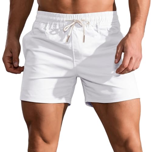 HOTIAN Shorts Herren Kurze Sommer Bermuda Shorts Baumwolle Jogginghose Elastische Taille mit Taschen Freizeitshorts White L von HOTIAN