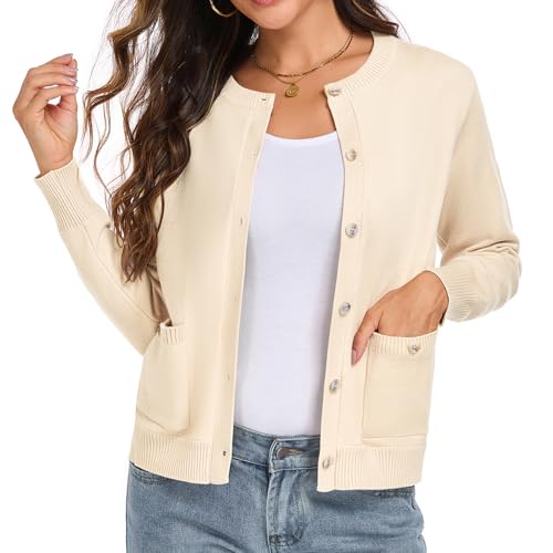 HOTIAN Strickjacken für Damen Elegant Langarm Rundhals Cardigan Knopfleiste Strickpullover mit Taschen Herbst Outfit Damen Beige M von HOTIAN