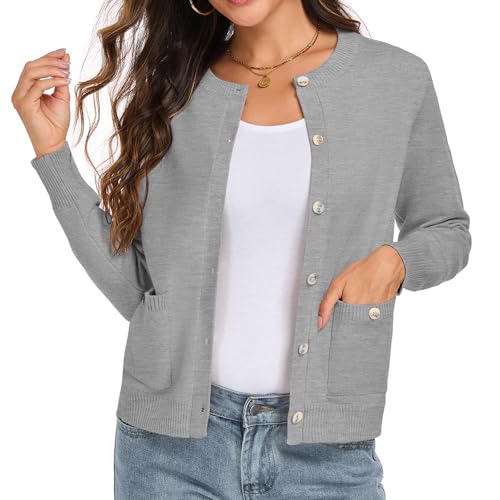 HOTIAN Strickjacken für Damen Elegant Langarm Rundhals Cardigan Knopfleiste Strickpullover mit Taschen Herbst Outfit Damen Gray M von HOTIAN