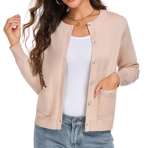 HOTIAN Strickjacken für Damen Elegant Langarm Rundhals Cardigan Knopfleiste Strickpullover mit Taschen Herbst Outfit Damen Khaki M von HOTIAN