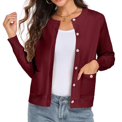 HOTIAN Strickjacken für Damen Elegant Langarm Rundhals Cardigan Knopfleiste Strickpullover mit Taschen Herbst Outfit Damen Red S von HOTIAN