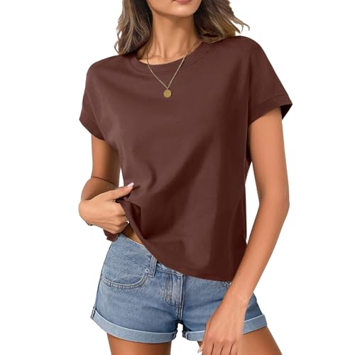 HOTIAN T-Shirt Damen Crop Tops Kurzarm T-Shirts Casual Basic Shirt Sommer Flügelärmeln Rundhals Top Damen Locker Coffee XXL von HOTIAN