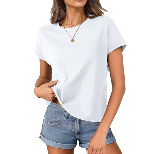 HOTIAN T-Shirt Damen Crop Tops Kurzarm T-Shirts Casual Basic Shirt Sommer Flügelärmeln Rundhals Top Damen Locker White XXL von HOTIAN