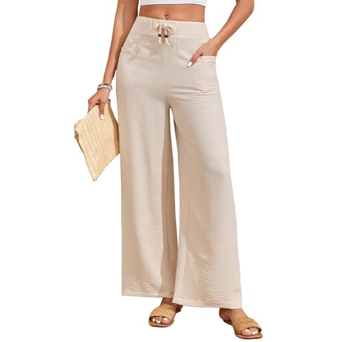 HOTIAN Weite Hosen Damen Weites Leinenhose Lang Hohe Taille Dehnbar Freizeithose Leicht Sommerhose mit Tasche von HOTIAN