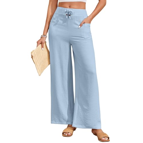HOTIAN Weite Hosen Damen Weites Leinenhose Lang Hohe Taille Dehnbar Freizeithose Leicht Sommerhose mit Tasche von HOTIAN