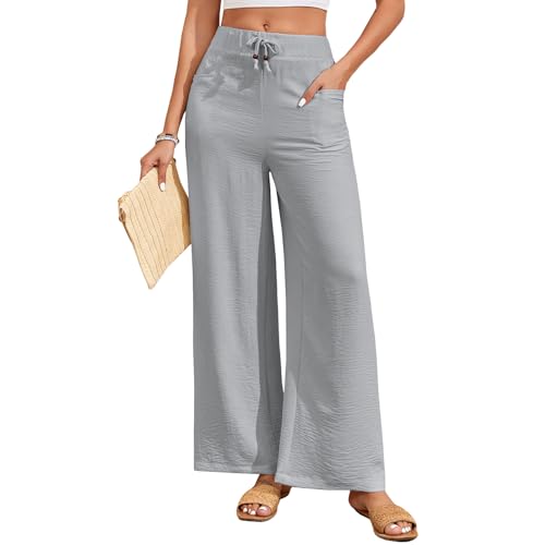 HOTIAN Weite Hosen Damen Weites Leinenhose Lang Hohe Taille Dehnbar Freizeithose Leicht Sommerhose mit Tasche von HOTIAN