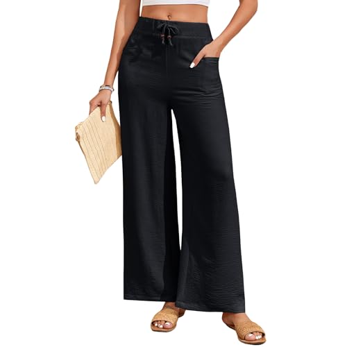 HOTIAN Weite Hosen Damen Weites Leinenhose Lang Hohe Taille Dehnbar Freizeithose Leicht Sommerhose mit Tasche von HOTIAN