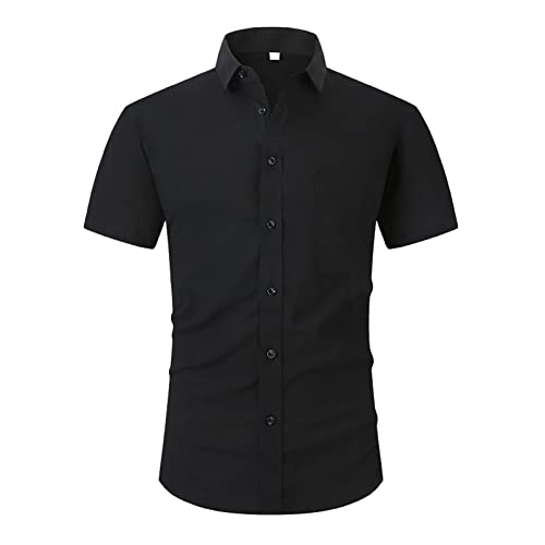 Herren Hemd Businesshemd Kurzarm Slim Fit Leinenshirt Freizeithemd Sommer Kurzarmhemd Basic Shirt Black01 2XL von HOTIAN