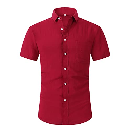 Herren Hemd Businesshemd Kurzarm Slim Fit Leinenshirt Freizeithemd Sommer Kurzarmhemd Basic Shirt Red01 2XL von HOTIAN