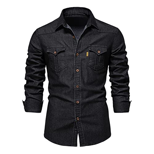 HOTIAN Herren Hemden, Herren Denim Shirt Langarmhemd,Freizeithemd Regular Businesshemd,Slim-Fit-Herrenhemden Black L von HOTIAN