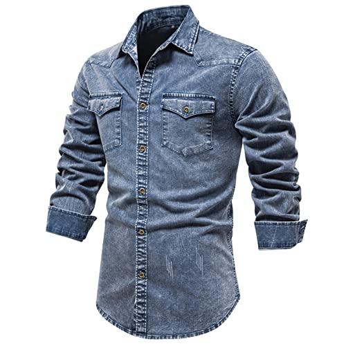 HOTIAN Herren Hemden, Herren Denim Shirt Langarmhemd,Freizeithemd Regular Businesshemd,Slim-Fit-Herrenhemden Blue01 S von HOTIAN