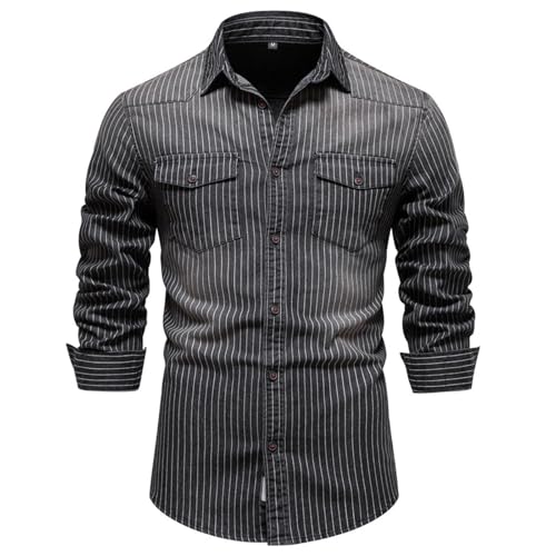 HOTIAN Herren Hemden, Herren Denim Shirt Langarmhemd,Freizeithemd Regular Businesshemd,Slim-Fit-Herrenhemden Grey L von HOTIAN