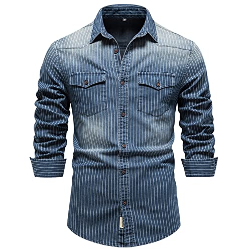 HOTIAN Herren Hemden, Herren Denim Shirt Langarmhemd,Freizeithemd Regular Businesshemd,Slim-Fit-Herrenhemden Blue L von HOTIAN