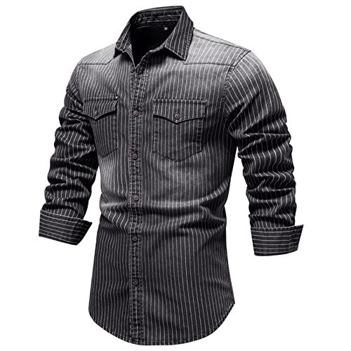 HOTIAN Herren Hemden, Herren Denim Shirt Langarmhemd,Freizeithemd Regular Businesshemd,Slim-Fit-Herrenhemden Grey M von HOTIAN