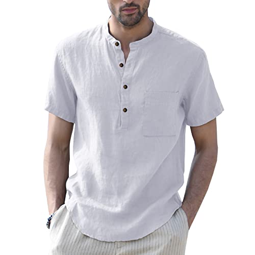 Herren Kurzarm Leinenhemd Henley Kurzarm Slim-Fit Sommer Kurzarmhemd Freizeithemd Männer Freizeit-Hemd Busines Weiß S von HOTIAN