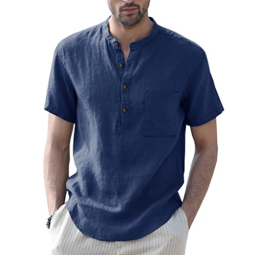 Herren Kurzarm Leinenhemd Henley Kurzarm Slim-Fit Sommer Kurzarmhemd Freizeithemd Männer Freizeit-Hemd Busines Blau L von HOTIAN