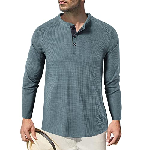 Herren Langarm Shirts, Henley Shirt Baumwolle,Herren Basic Long-Sleeved Shirts,Lässige T-Shirt mit Knöpfen Einfarbige,Waffelstrick Causal Shirt Blau 2XL von HOTIAN