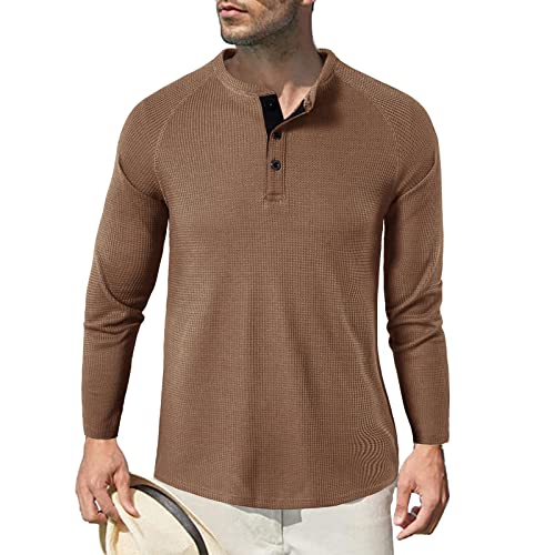 Herren Langarm Shirts, Henley Shirt Baumwolle,Herren Basic Long-Sleeved Shirts,Lässige T-Shirt mit Knöpfen Einfarbige,Waffelstrick Causal Shirt Braun M von HOTIAN