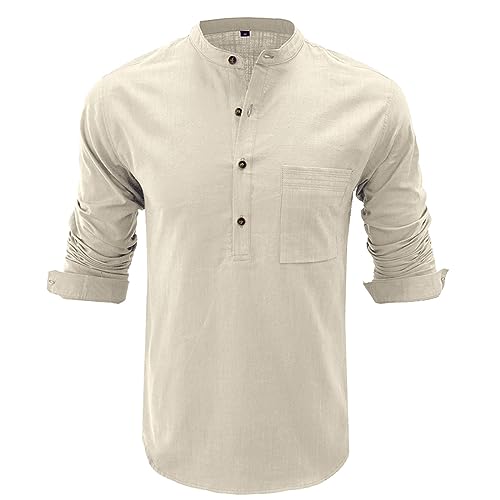 HOTIAN Herren Langarm Shirts, Henley Shirt Baumwolle,Herren Basic Long-Sleeved Shirts,Lässige T-Shirt mit Knöpfen Einfarbige,Waffelstrick Causal Shirt Elfenbein 2XL von HOTIAN