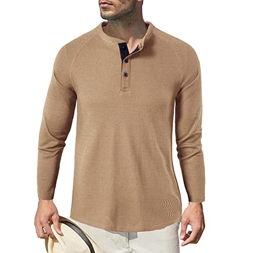 Herren Langarm Shirts, Henley Shirt Baumwolle,Herren Basic Long-Sleeved Shirts,Lässige T-Shirt mit Knöpfen Einfarbige,Waffelstrick Causal Shirt Elfenbein M von HOTIAN