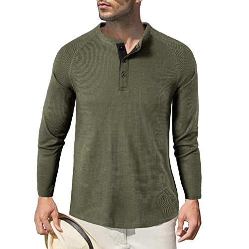 Herren Langarm Shirts, Henley Shirt Baumwolle,Herren Basic Long-Sleeved Shirts,Lässige T-Shirt mit Knöpfen Einfarbige,Waffelstrick Causal Shirt Grün M von HOTIAN