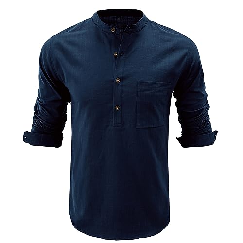 HOTIAN Herren Langarm Shirts, Henley Shirt Baumwolle,Herren Basic Long-Sleeved Shirts,Lässige T-Shirt mit Knöpfen Einfarbige,Waffelstrick Causal Shirt Navy S von HOTIAN