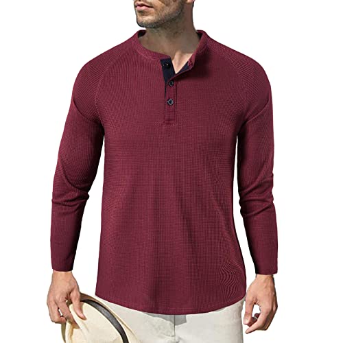 Herren Langarm Shirts, Henley Shirt Baumwolle,Herren Basic Long-Sleeved Shirts,Lässige T-Shirt mit Knöpfen Einfarbige,Waffelstrick Causal Shirt Rot 2XL von HOTIAN