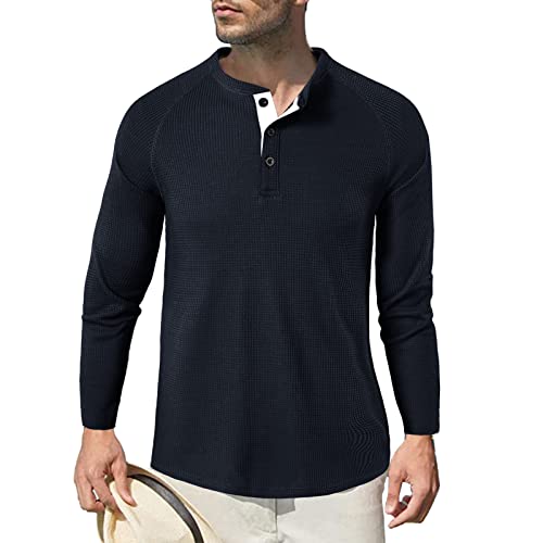 Herren Langarm Shirts, Henley Shirt Baumwolle,Herren Basic Long-Sleeved Shirts,Lässige T-Shirt mit Knöpfen Einfarbige,Waffelstrick Causal Shirt Schwarz 2XL von HOTIAN