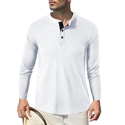 Herren Langarm Shirts, Henley Shirt Baumwolle,Herren Basic Long-Sleeved Shirts,Lässige T-Shirt mit Knöpfen Einfarbige,Waffelstrick Causal Shirt Weiß 2XL von HOTIAN