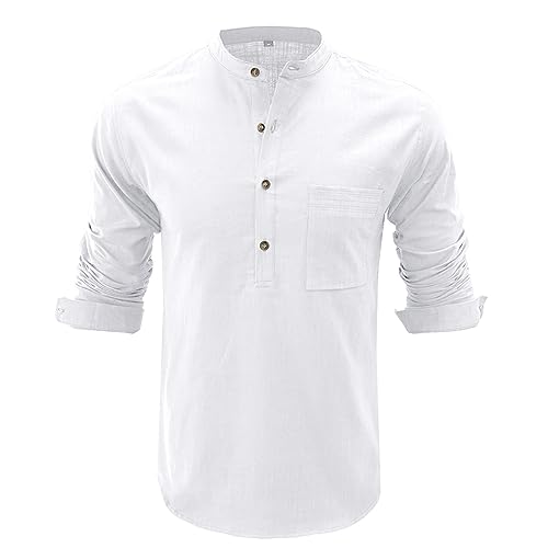 HOTIAN Herren Langarm Shirts, Henley Shirt Baumwolle,Herren Basic Long-Sleeved Shirts,Lässige T-Shirt mit Knöpfen Einfarbige,Waffelstrick Causal Shirt Weiß 2XL von HOTIAN