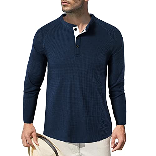 Herren Langarm Shirts, Henley Shirt Baumwolle,Herren Basic Long-Sleeved Shirts,Lässige T-Shirt mit Knöpfen Einfarbige,Waffelstrick Causal Shirt Navy L von HOTIAN