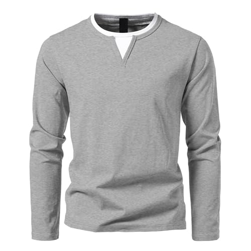 Herren Langarmshirts mit V-Ausschnitt Basic Pullover Henley Shirt Oberteile Freizeit Sweatshirt T-Shirt für Männer Light Gray L von HOTIAN