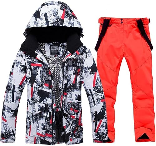 HOTIAN Herren Schneeanzug, Herren Ski Jacke und Hosen Set,Winter Warme Schnee Skifahren Sätze,für Wandern Klettern Isoliertes Snowboarden redwhite+orange L von HOTIAN