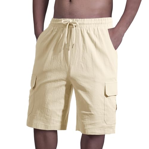 HOTIAN Herren Shorts Sommer Kurze Hosen Herren Cargo Shorts Herren Leinenhose Herren kurz Kordelzug mit Taschen Fit Freizeithose Laufshorts von HOTIAN