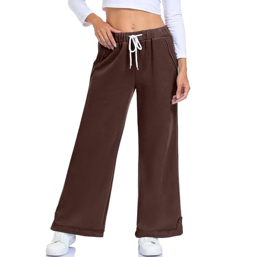 Hose Weites Bein Damen High Waist Hosen mit Elastischer Taille Lockere Sport Activewear Hose mit Taschen Freizeitshosen mit Schlitz von HOTIAN