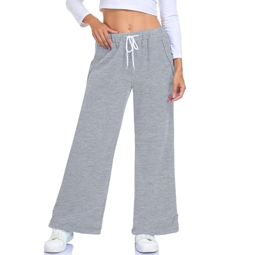 Hose Weites Bein Damen High Waist Hosen mit Elastischer Taille Lockere Sport Activewear Hose mit Taschen Freizeitshosen mit Schlitz von HOTIAN