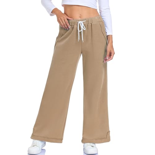 Hose Weites Bein Damen High Waist Hosen mit Elastischer Taille Lockere Sport Activewear Hose mit Taschen Freizeitshosen mit Schlitz von HOTIAN